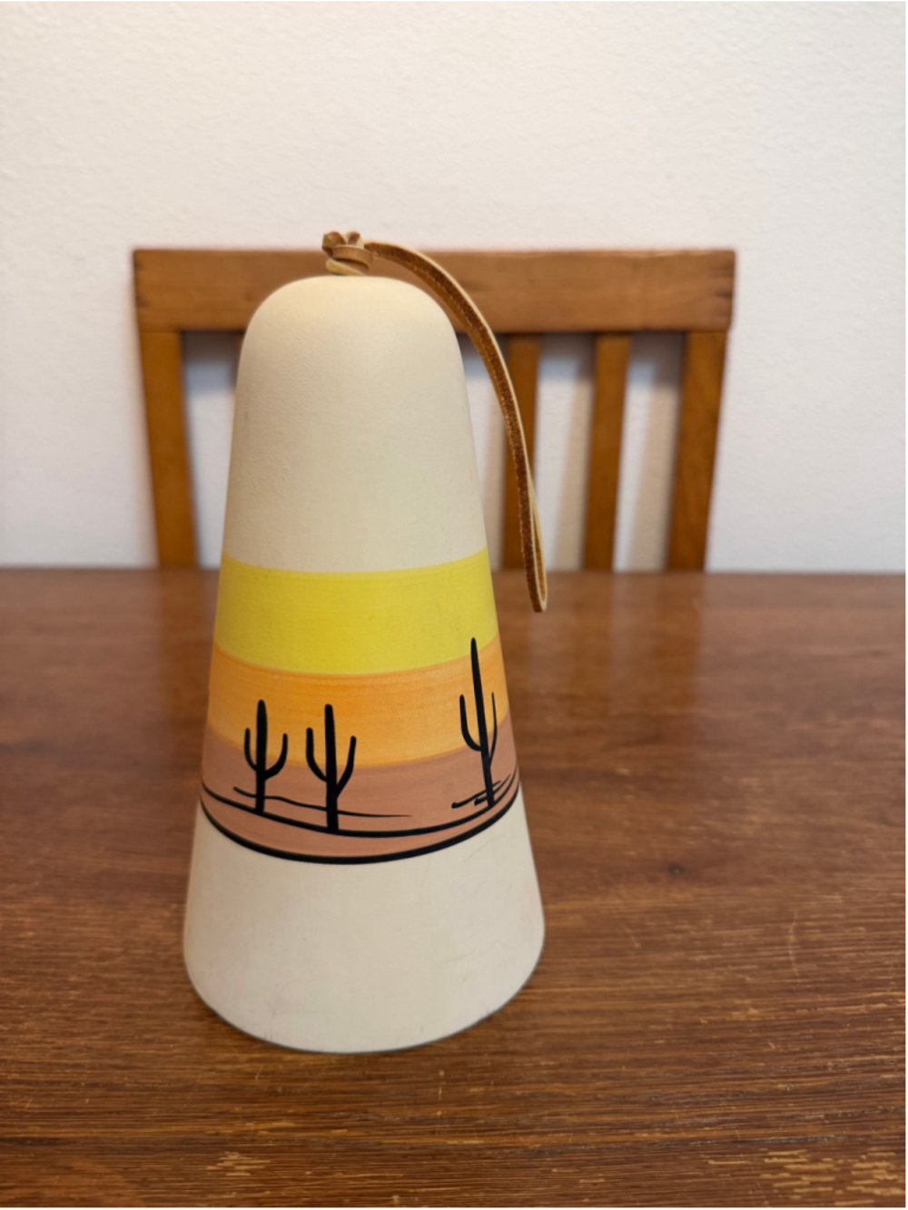 Vintage Southwestern Ceramic Wind Chime Bell Cactus Desert Sunset Leather